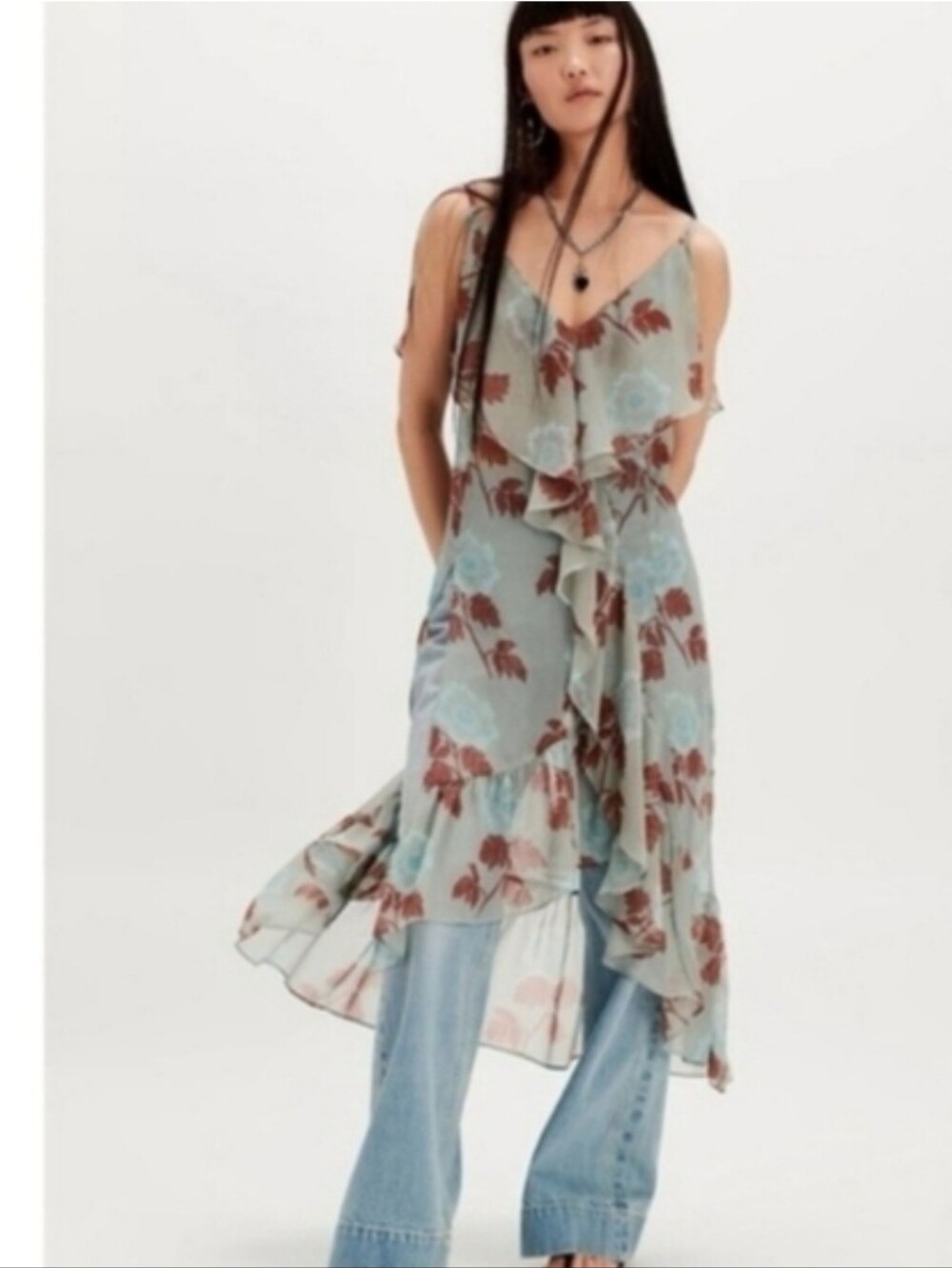 Free People Sheer Floral Ruffle Tiered Maxi Dress - Light Blue